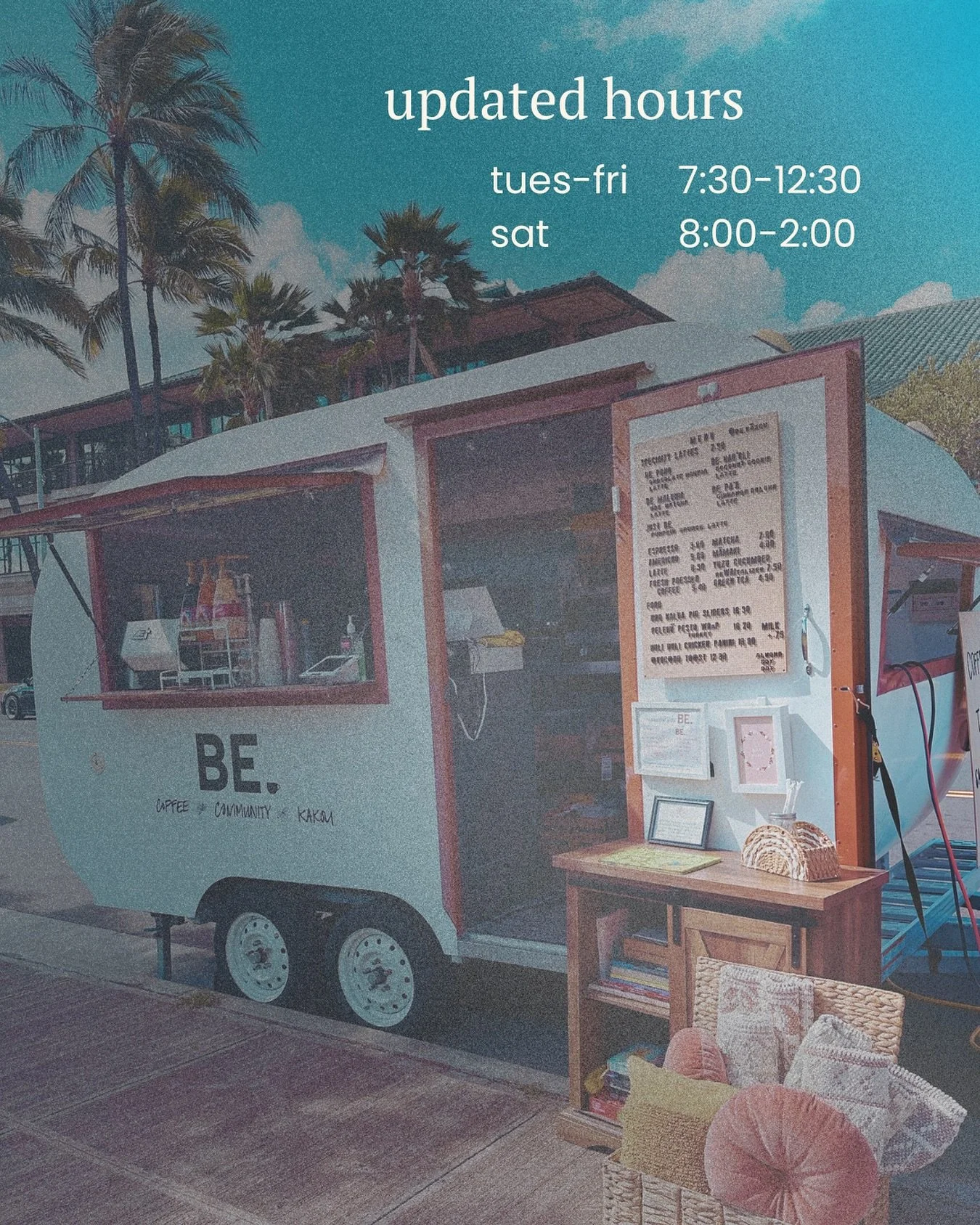updated hours starting tomorrow! 

pō'alua (tues) &bull; 7:30-12:30 &bull; ho'opili soccer
pō'akolu-pō'alima (wed-fri) &bull; 7:30-12:30 &bull; kapolei regional park 
pō'aono (sat) &bull; 8-2 &bull; kapolei regional park