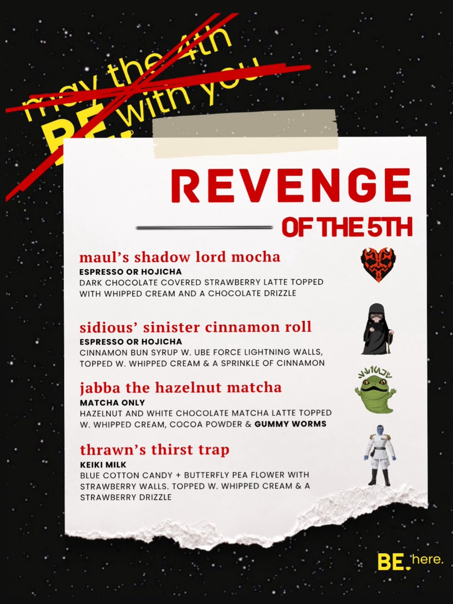 REVENGE OF THE FIFTH. 
join us on the dark side.
5/5! one. day. only.