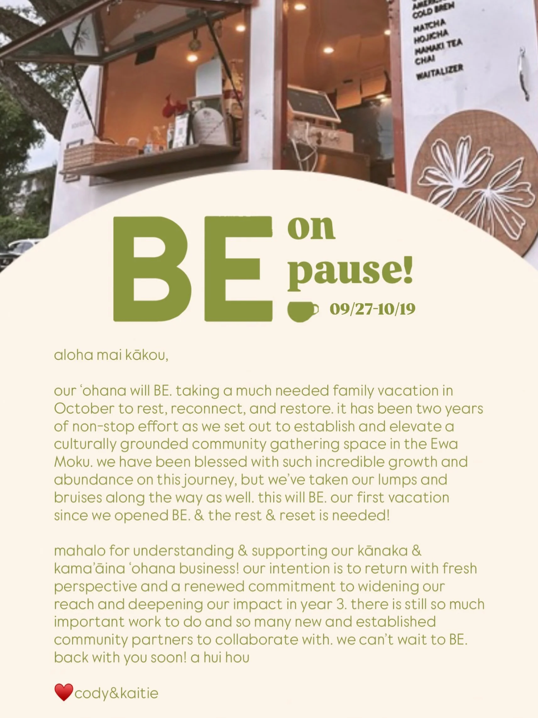 mahalo for the past 2 years, we&rsquo;re truly so grateful! we will BE. closed 9/27-10/19 as we take our first family vacation since we opened. We will be heade to japan to rest &amp; reconnect as a family and most importantly, support @traeton.mc in