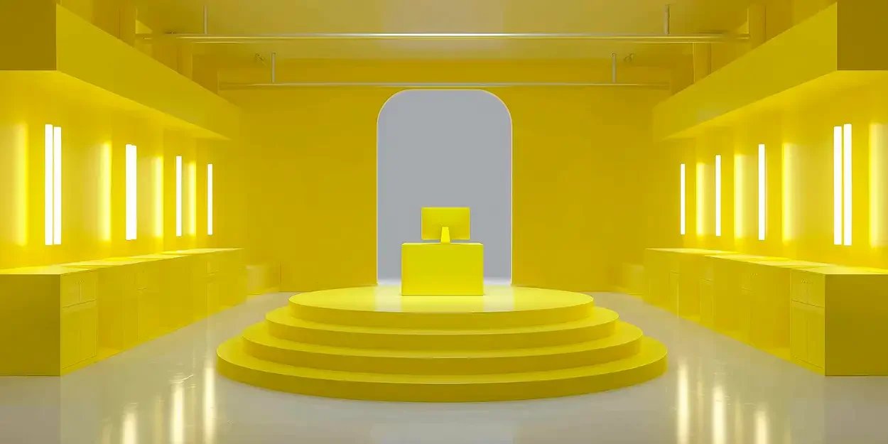 Scène de lancement produit startup dans décor jaune généré par IA : couverture article vidéo IA et budget serré