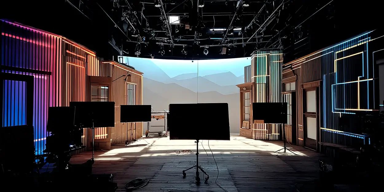 Studio de tournage hybride avec fond LED paysage montagne : virtual production et décors IA pour film publicitaire
