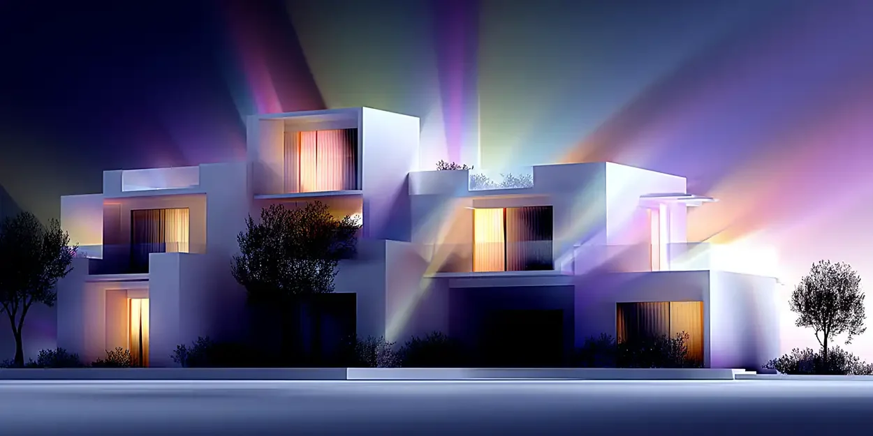 Résidence moderne éclairée de nuit avec halos colorés — programme neuf en 3D