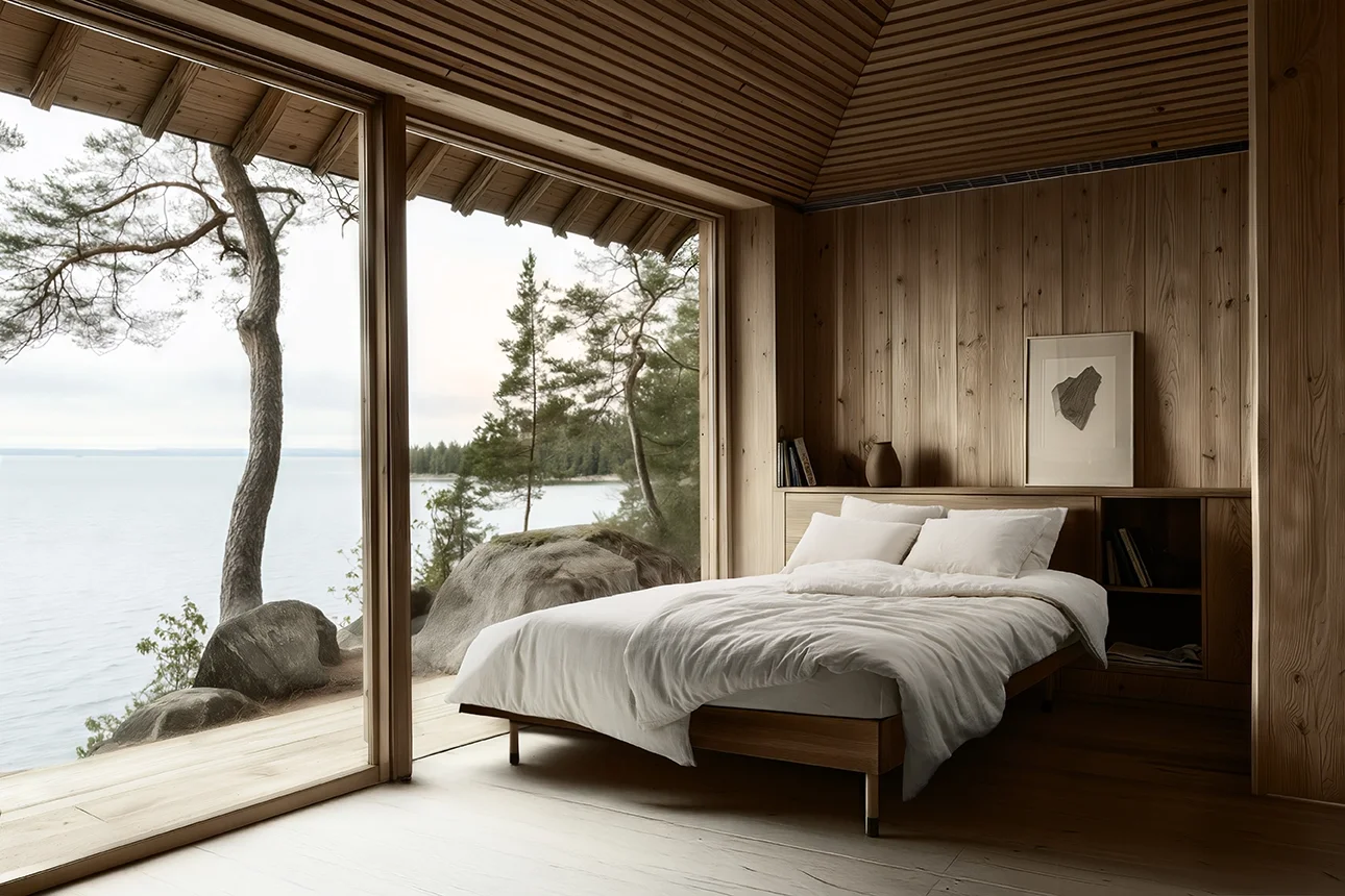 Vue d'un lit inséré dans un décor généré en IA