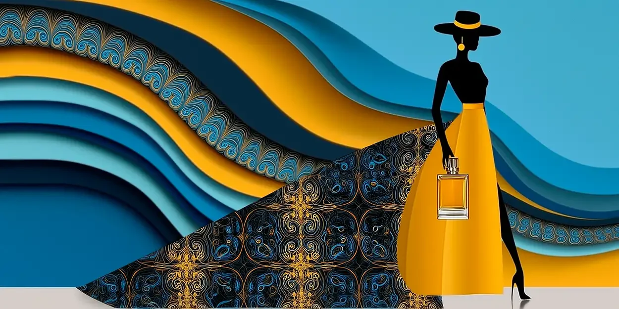 Silhouette luxe tenant un flacon parfum devant décor vagues graphiques généré par IA : couverture article film produit parfum IA