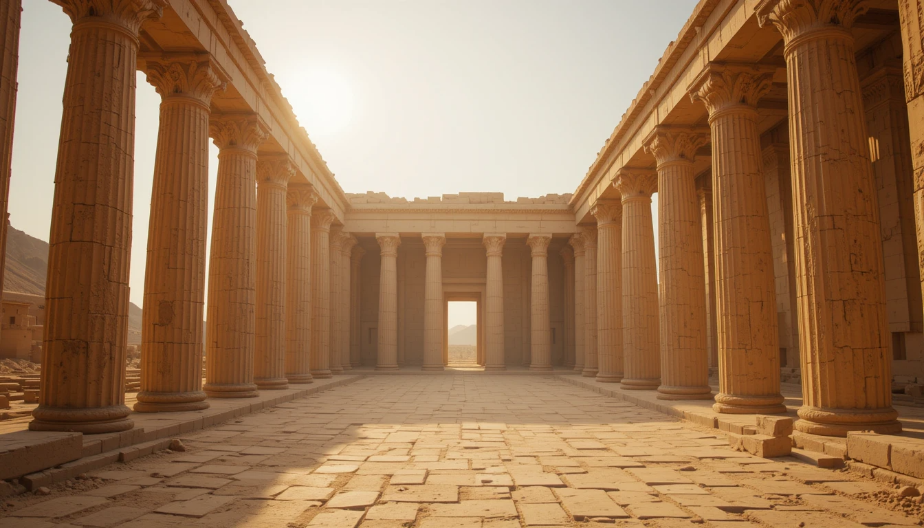An ancient Greek or Roman temple with tall stone columns and a stone-paved courtyard, bathed in warm sunlight.