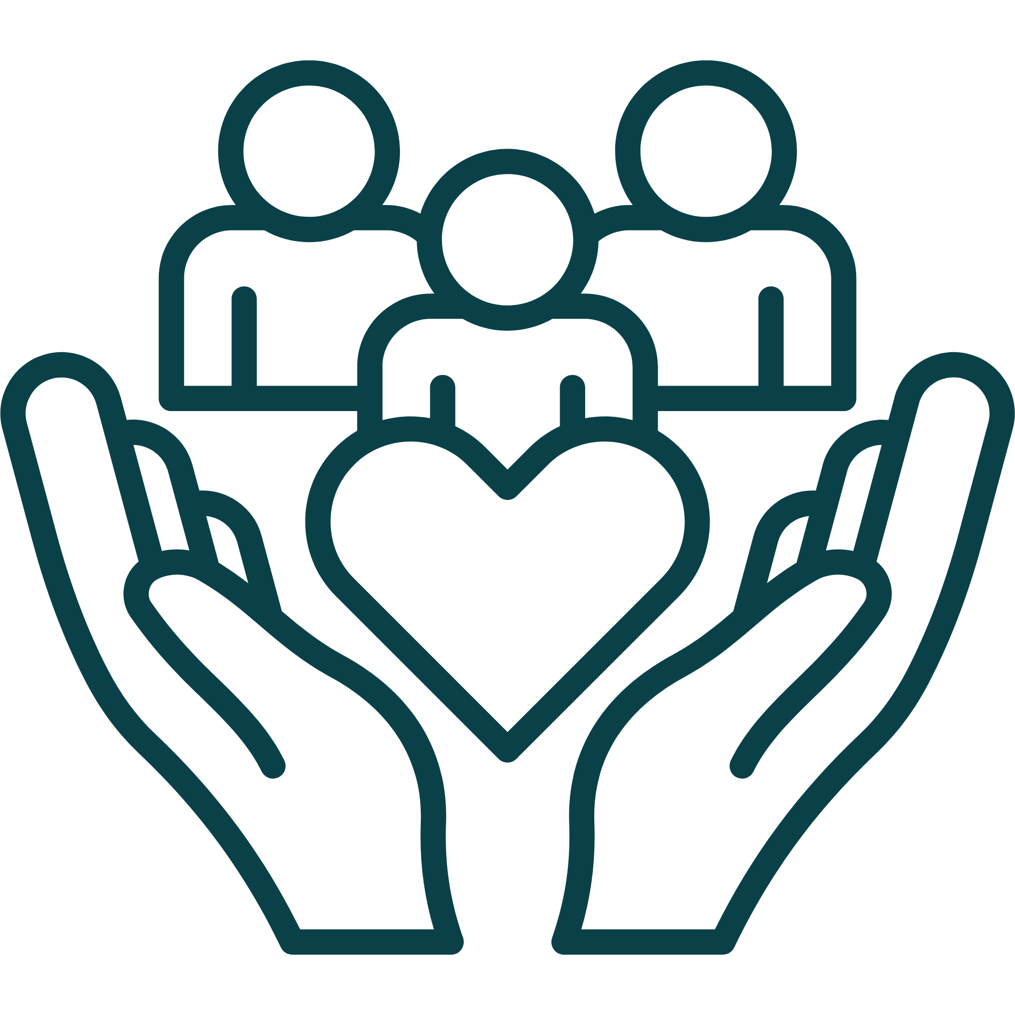 Line drawing of three people with hands together in the center, symbolizing teamwork or unity.