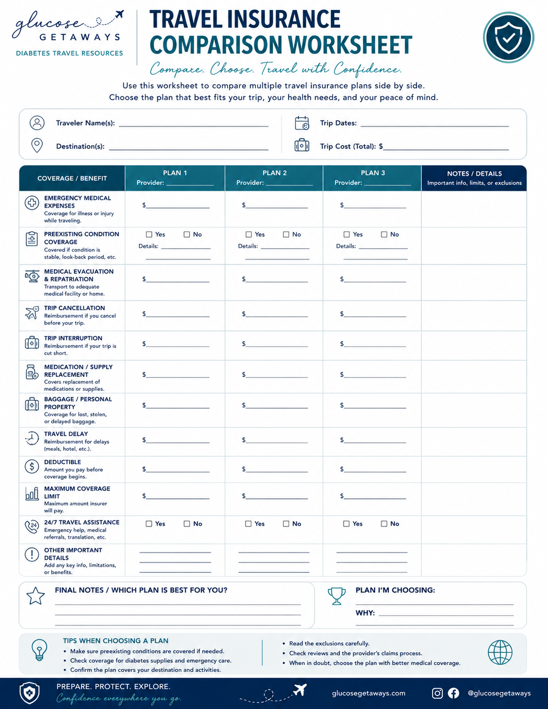 Travel Insurance Comparison Worksheet