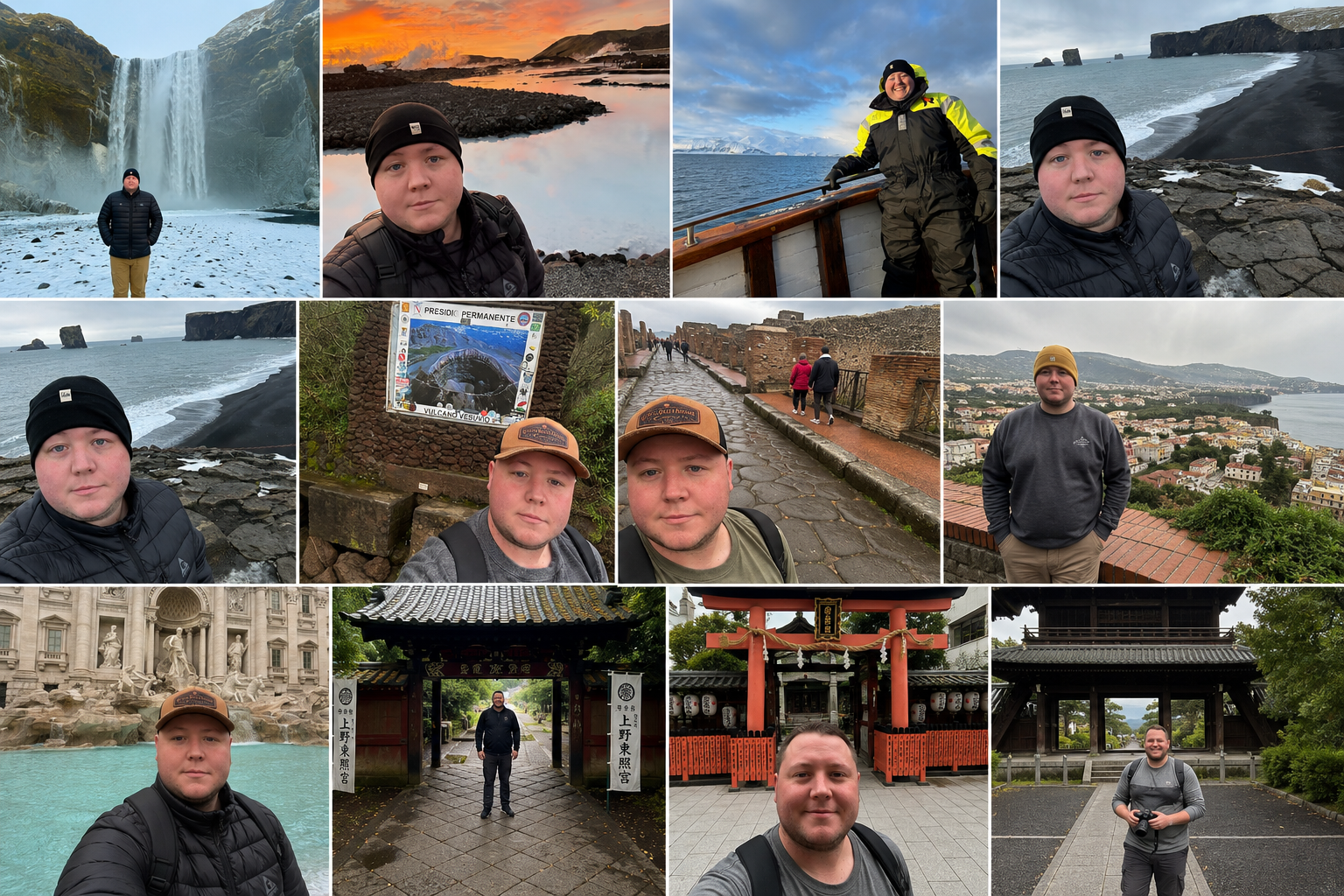 Collage of international travel experiences in Iceland, Italy, and Japan.