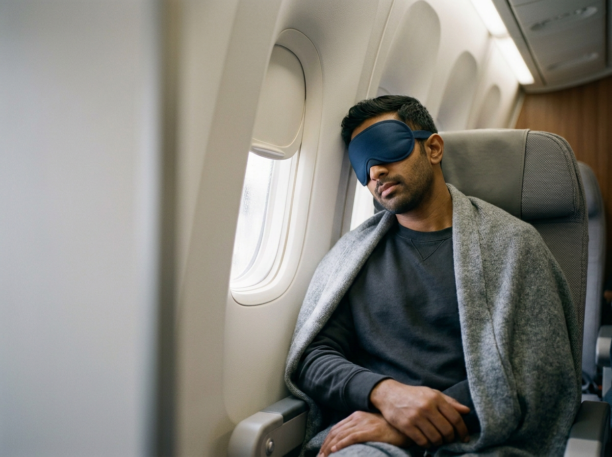Male wearing a eye mask on the airplane.