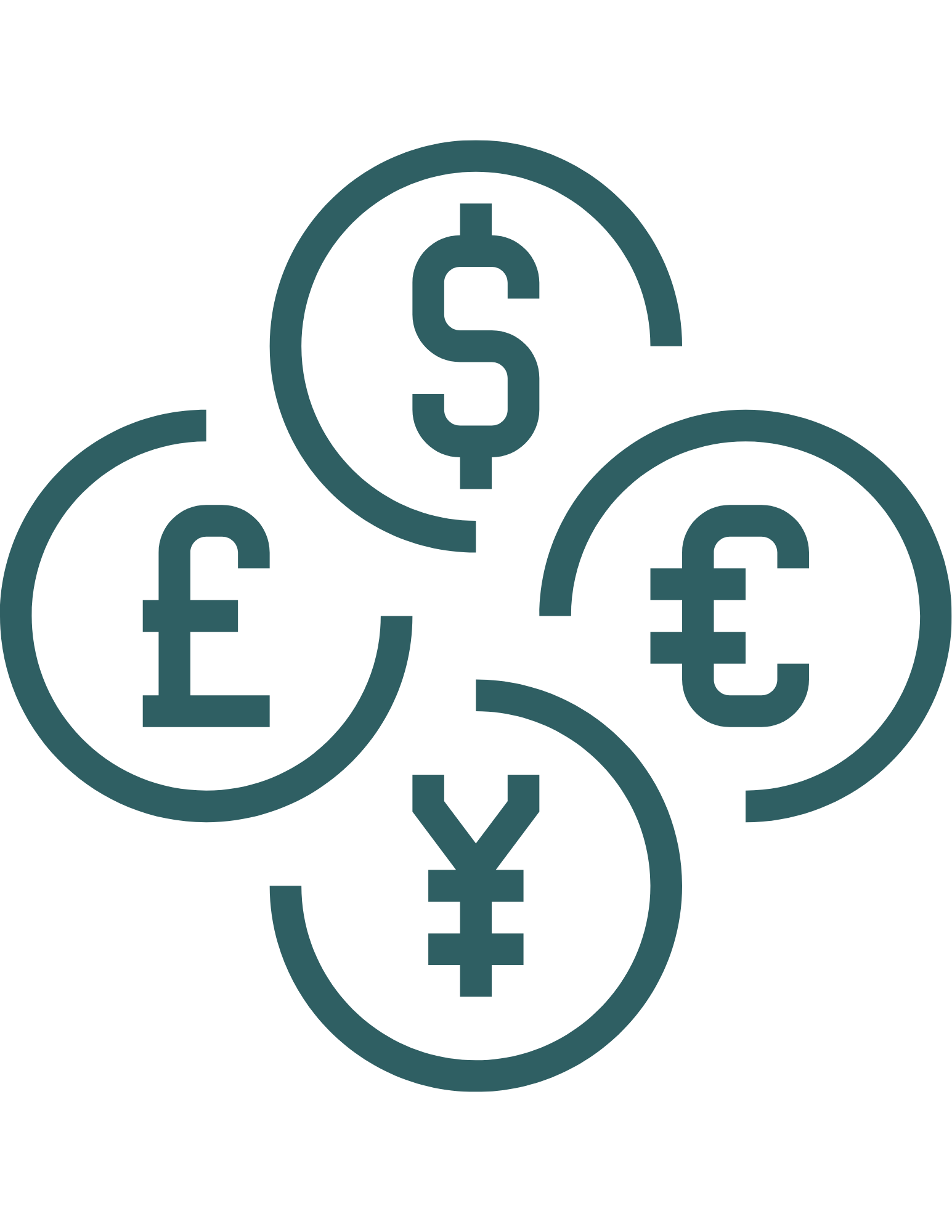 Multiple overlapping circles containing currency symbols for dollar, euro, yen, and pound.