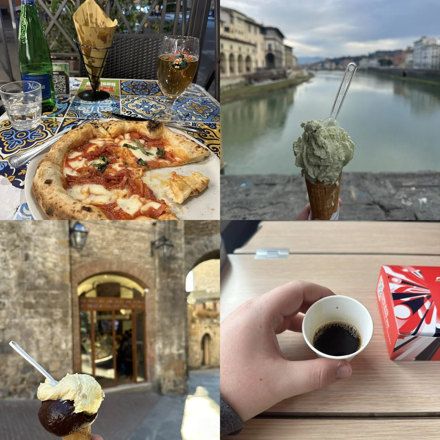 Italian pizza, pistachio gelato, chocolate and hazelnut gelato, expresso shot.