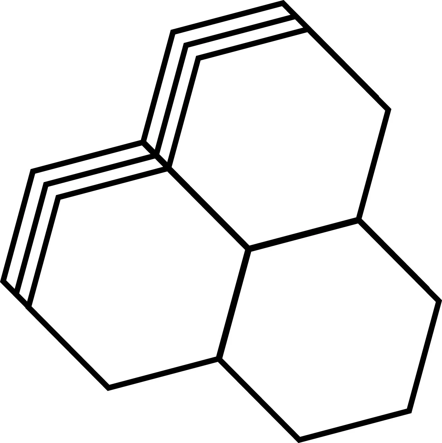 Schwarz-weiße Illustration von drei verbundenen Hexagonen, die eine dreidimensionale Struktur bilden.