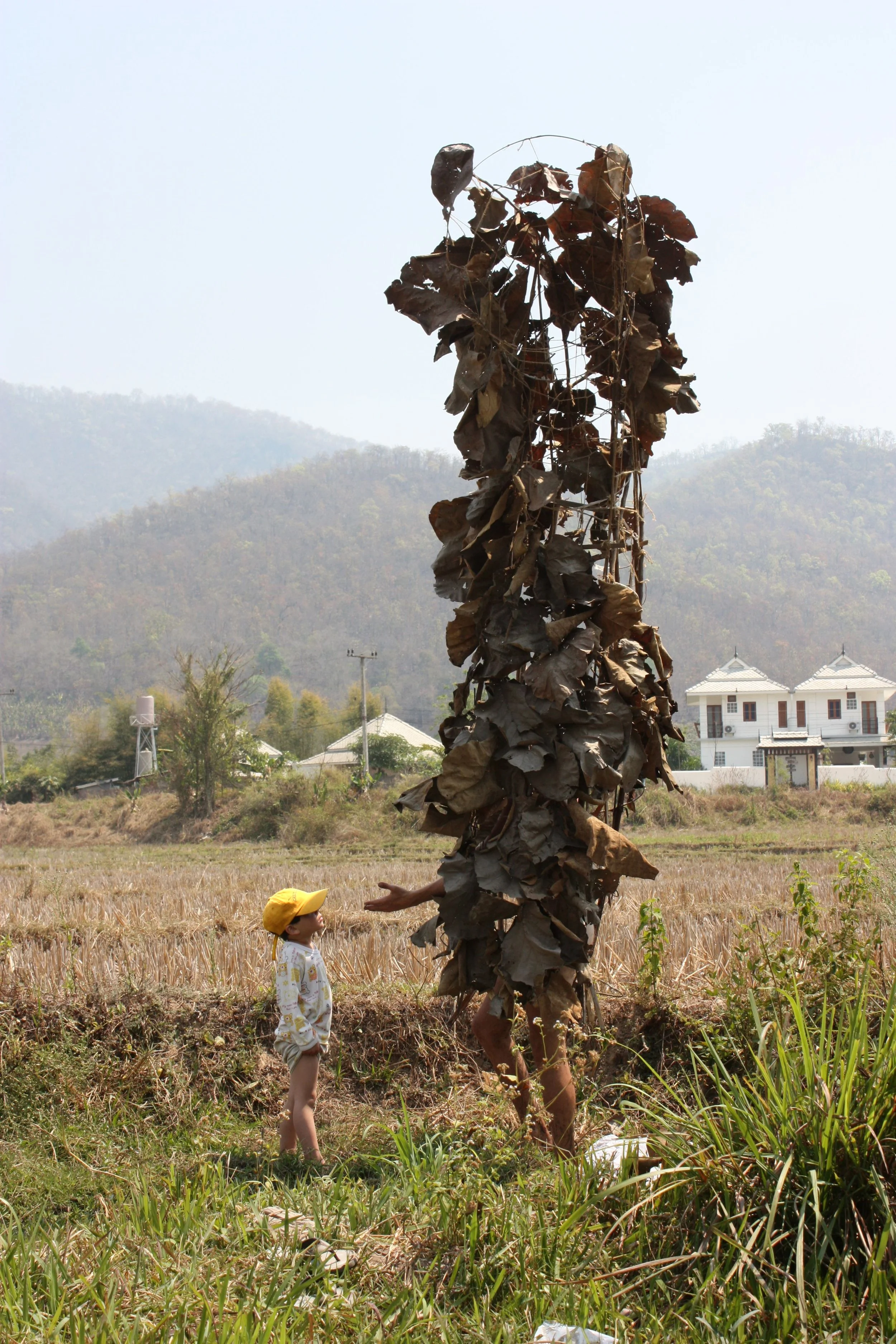 A person dressed in brown leaves in the shape of a tree stands facing a young girl wearing a yellow cap in a rural field. The girl looks at the person, who is gesturing with their hand. In the background, there are houses and mountains.