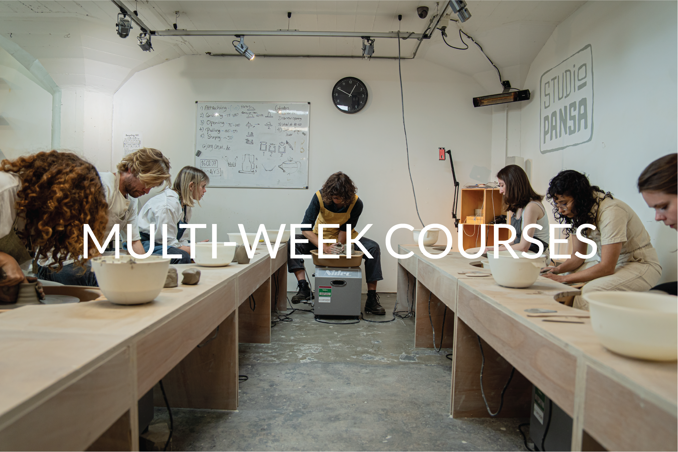A pottery class with students working on clay projects at tables, a teacher demonstrating, and a whiteboard with instructions in the background. Overlay text reads 'Multi-Week Courses'.