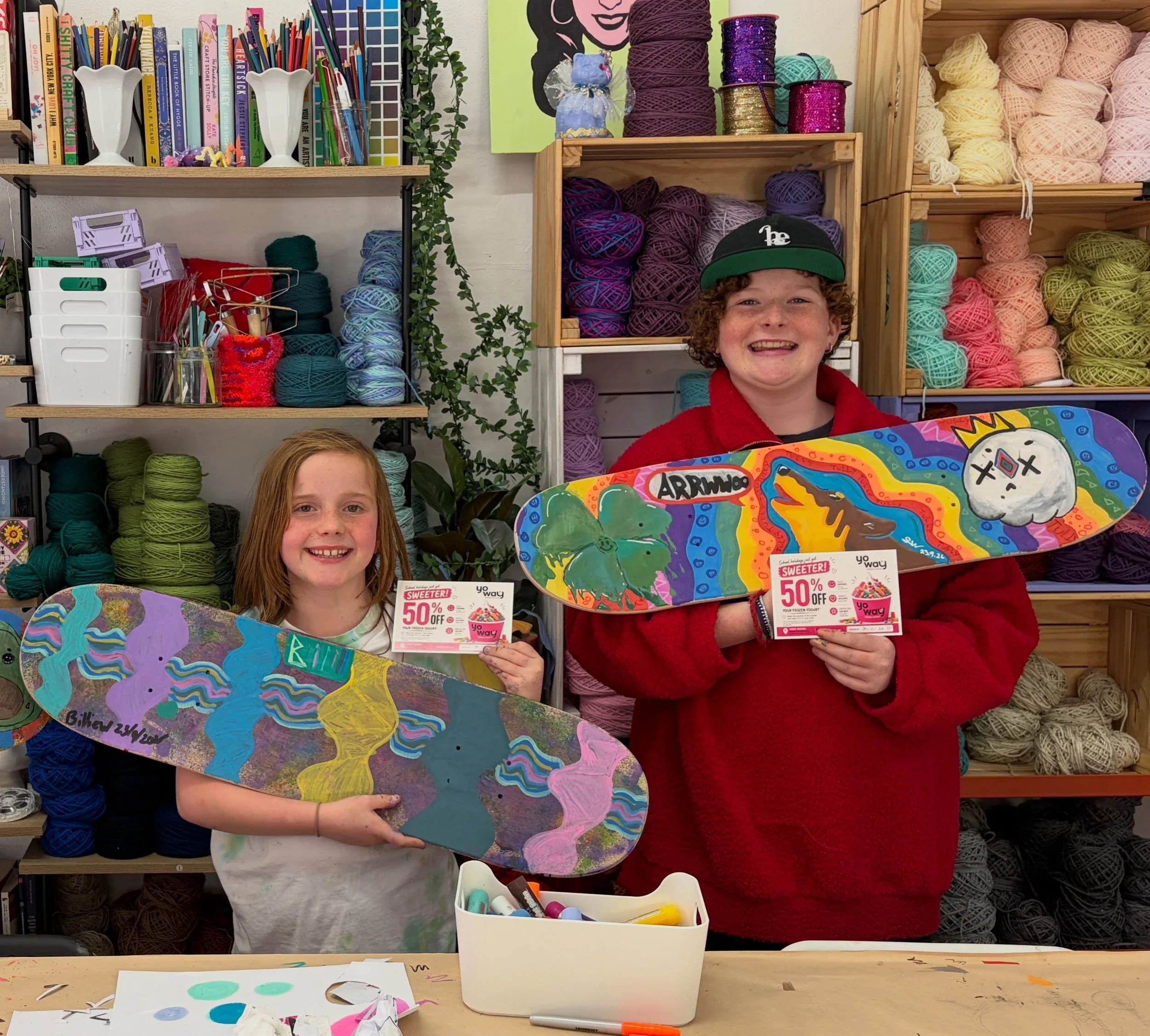 🛹🫟🍦BONUS for the kids that join @baysidemakerspace for school holiday fun! @yowaybayside has kindly given us vouchers to gift the kids that join us for fun like these cuties that made epic skateboard art with @frankstoncraftclub yesterday!!! 🫟🛹?