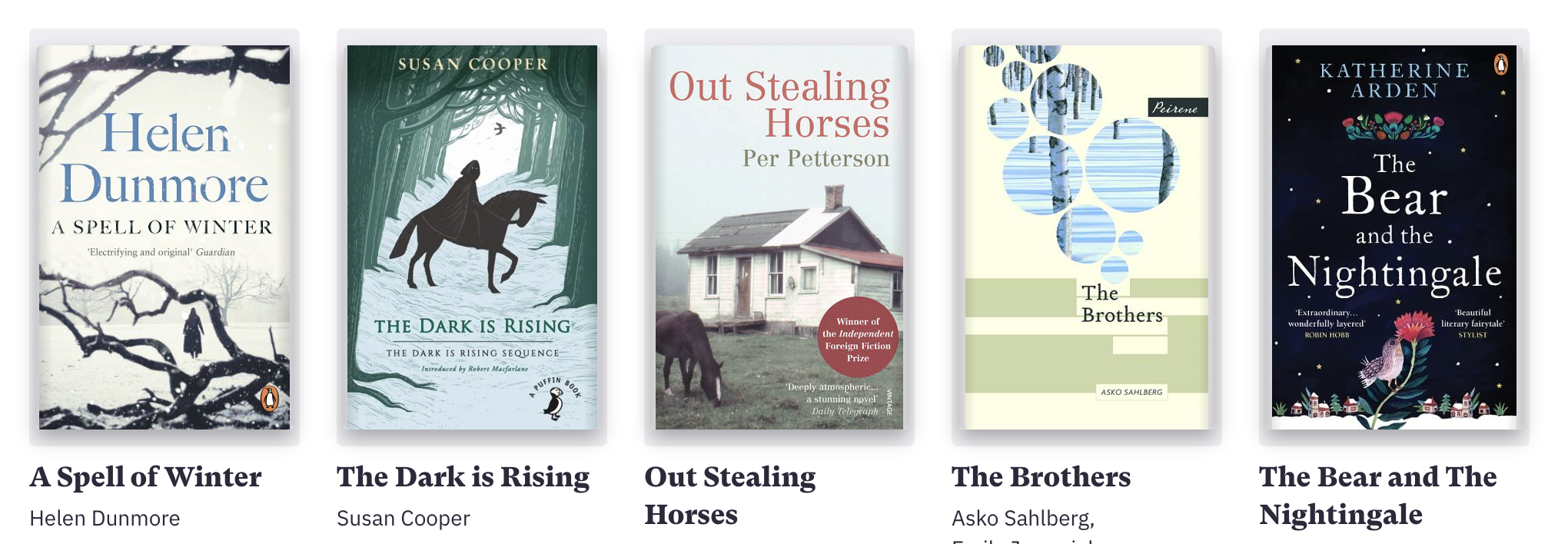 Covers of winter literary fiction books