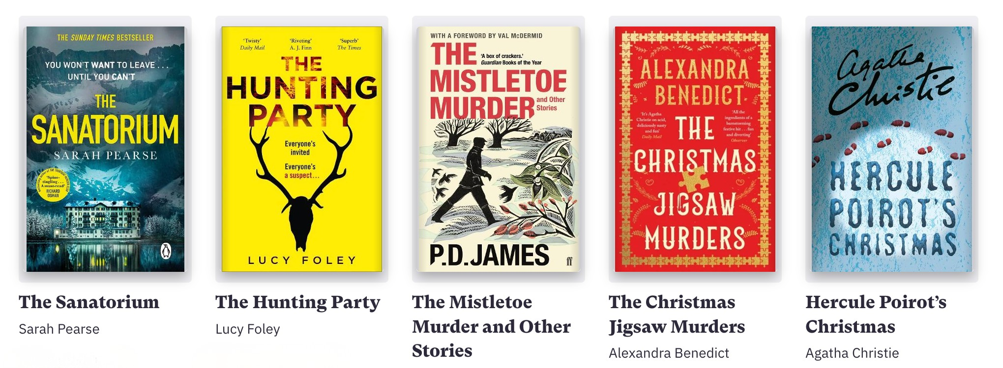 Covers of festive crime and mystery books