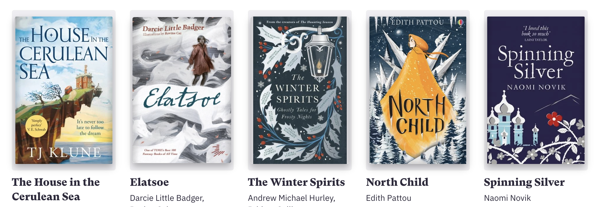 Covers of winter cosy fantasy books