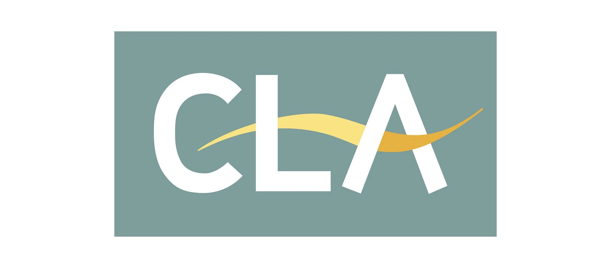 Logo with the word 'CLA' in white letters on a teal background, with a yellow swoosh crossing through the middle of the letters.