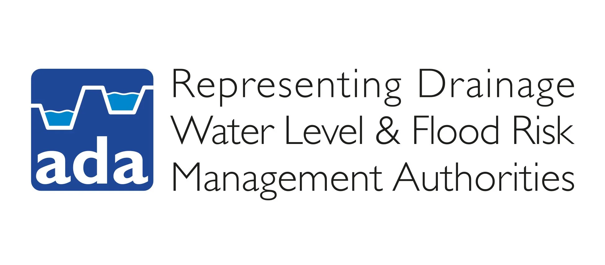 Logo for ADA showing a blue square with white outlined water level graph, followed by text that reads 'Representing Drainage Water Level & Flood Risk Management Authorities'.