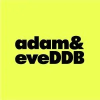Bright yellow background with black text reading 'adam& eveDDB'.