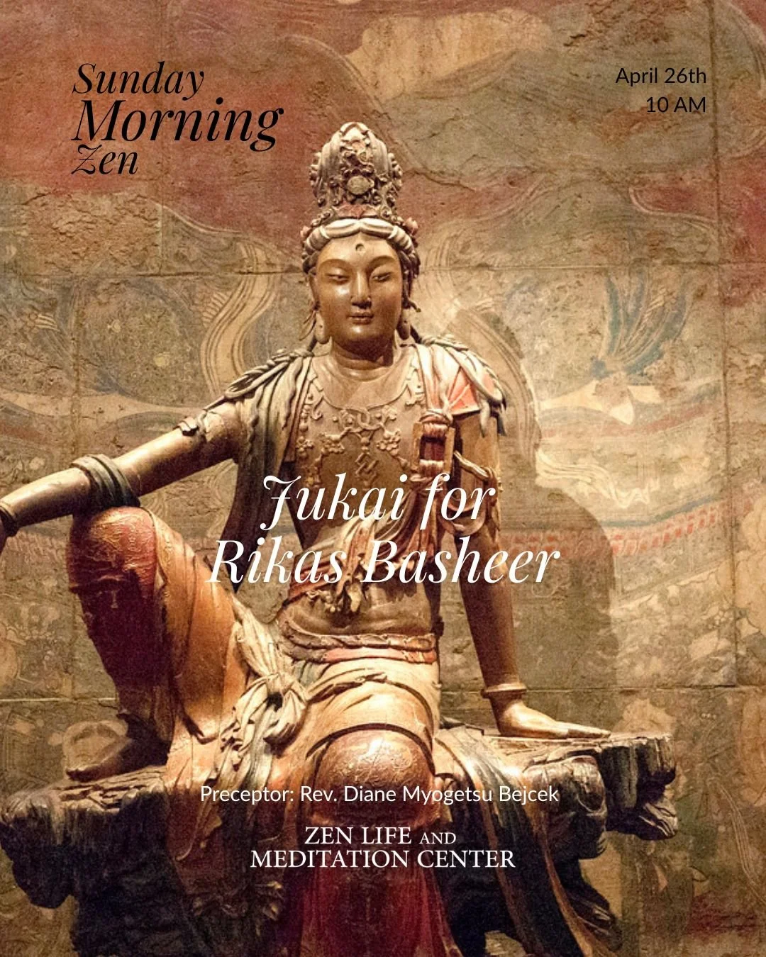 Rikas Basheer will receive the precepts in a Jukai ceremony at the Zen Center on Sunday, April 26 @ 10 AM from Preceptor, Rev. Diane Myogetsu Bejcek. Everyone is invited to this joyous occasion.
