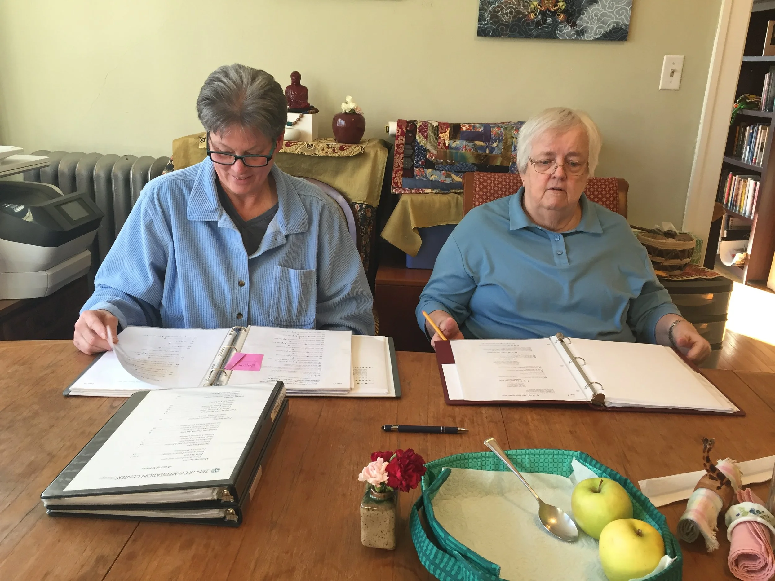 Two elderly women are sitting at a wooden table, looking at menus. The woman on the left has short gray hair, glasses, and is wearing a light blue shirt. The woman on the right has short white hair, also has glasses, and is wearing a blue polo shirt. On the table, there are two menus, a bottle with pink flowers, a pen, a gold-colored spoon in a green basket with two green apples, and some small decorative items. In the background, there's artwork on the wall, a bookshelf, and a table with a cloth and decorative objects.