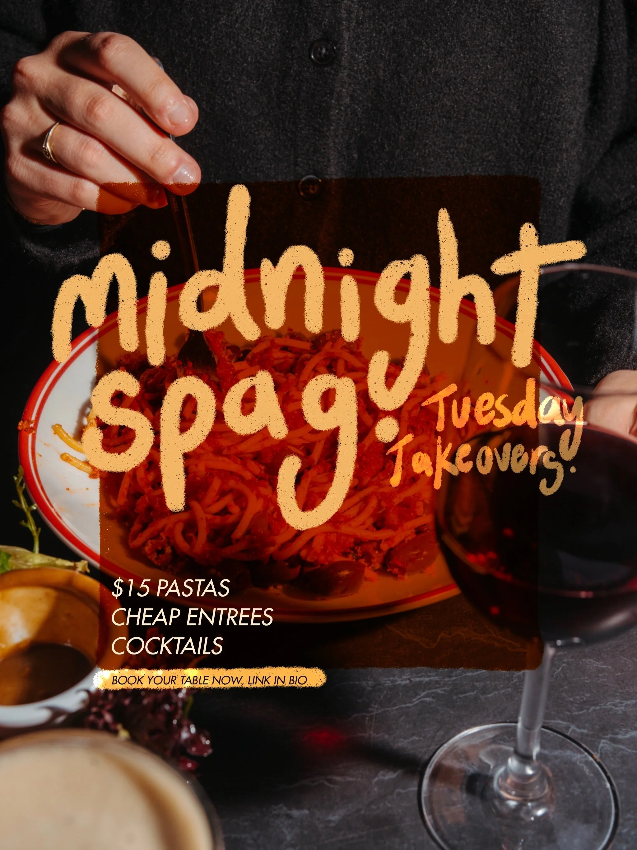 MIDNIGHT SPAGHETTI TUESDAY TAKEOVERS ☄️

Cheap feeds and mad vibes
Book a table, link in bio
See you then! 🍷

At the Ed Castle Hotel