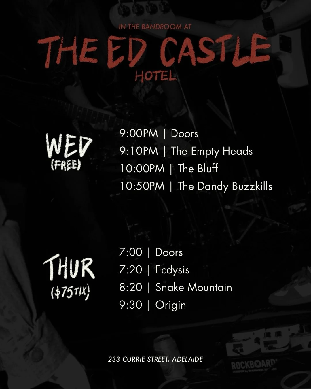 THIS WEEKS SET TIMES AT THE ED CASTLE ⚡️

$3 Schooners - WED
$10 Guinness - THUR
Weekly food specials 

At the Ed Castle Hotel
233 Currie St, Adelaide, 5000