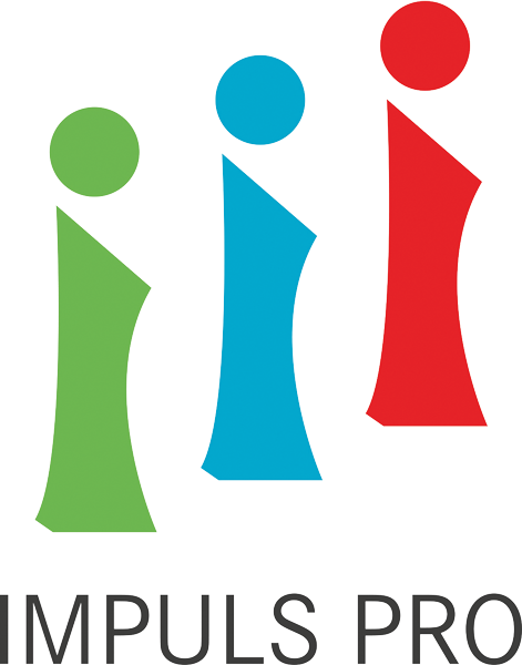 Grafik mit drei stilisierten Figuren in Grün, Blau und Rot über dem Text 'IMPULS PRO'.