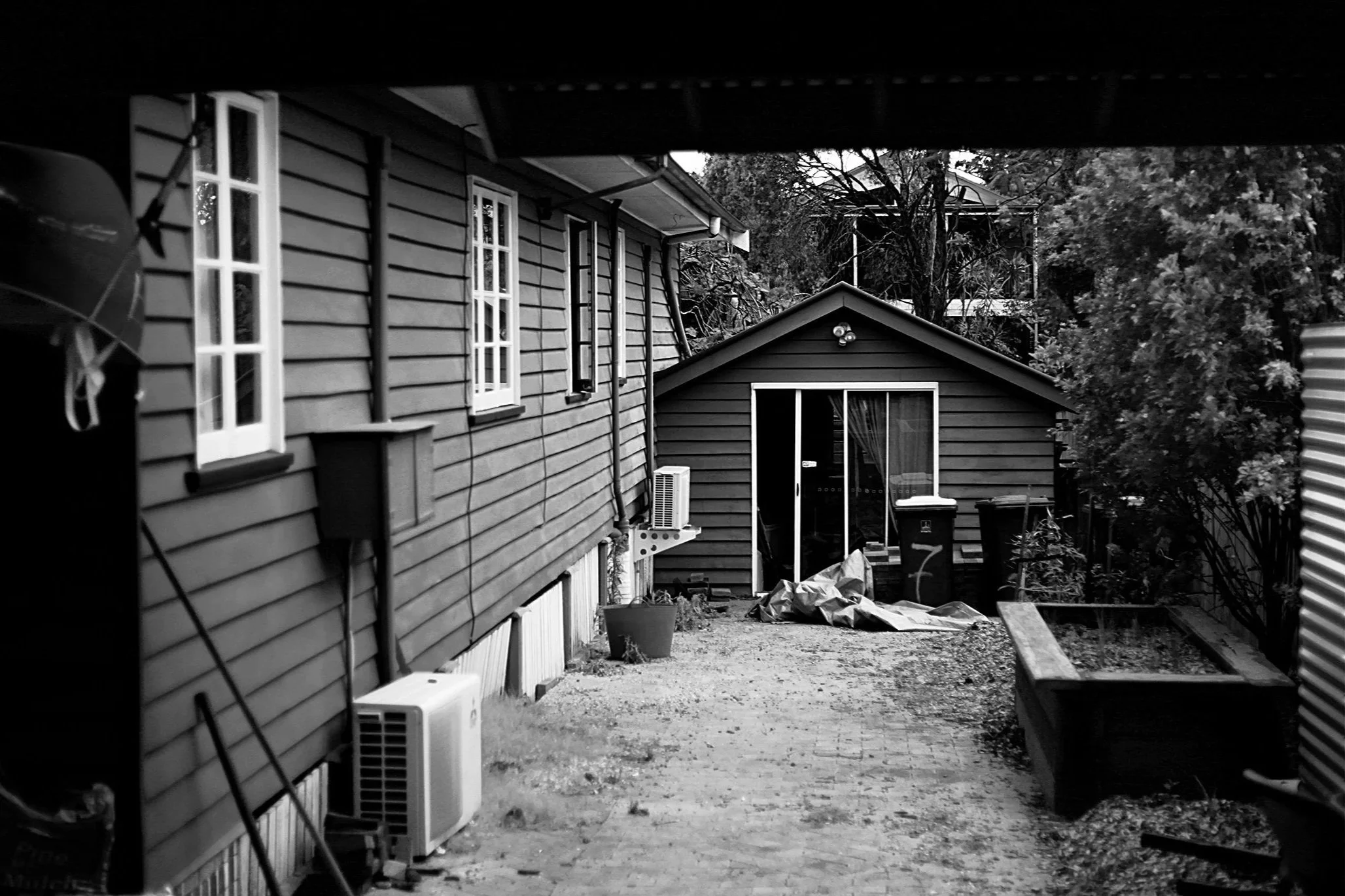 A monochrome residential scene of a narrow brick path between a house with white windows and a smaller building, bordered by dense trees and yard clutter.