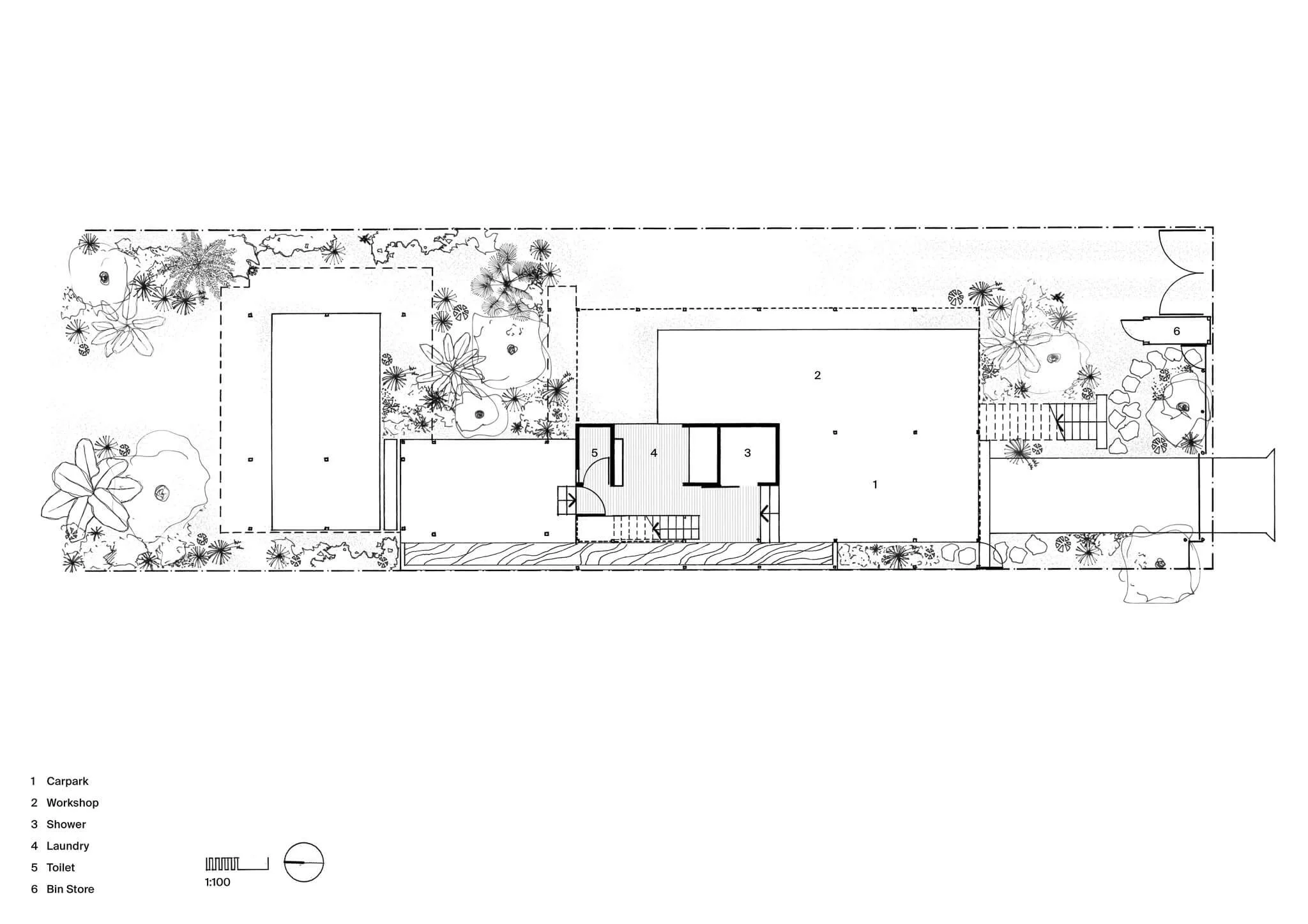 An architectural floor plan illustrates a residential site featuring a workshop, utility rooms, a carpark, and detailed garden landscaping.