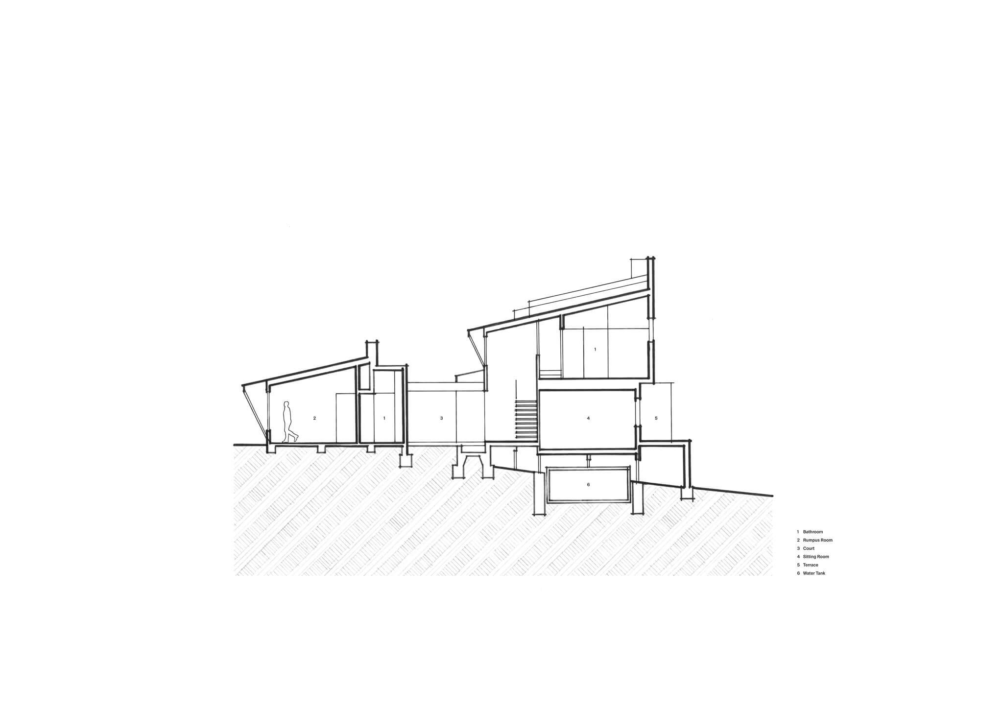 Architectural cross-section drawing of a multi-level modern house with an angular roof, built into a sloped landscape, featuring interior rooms and a numbered legend.