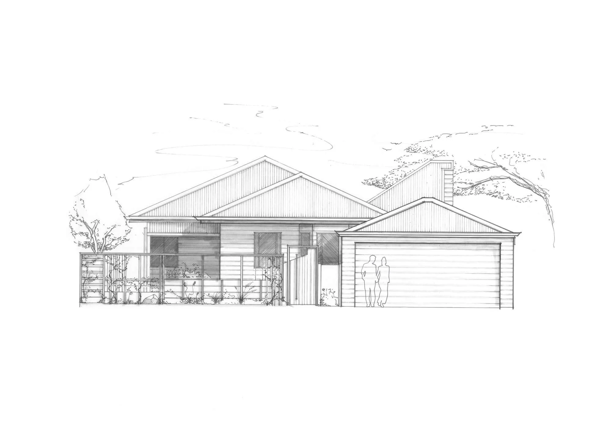 A hand-drawn architectural elevation depicts a modern house with a gabled roof and an angled glass facade, nestled in a landscaped setting with faint figures visible indoors.
