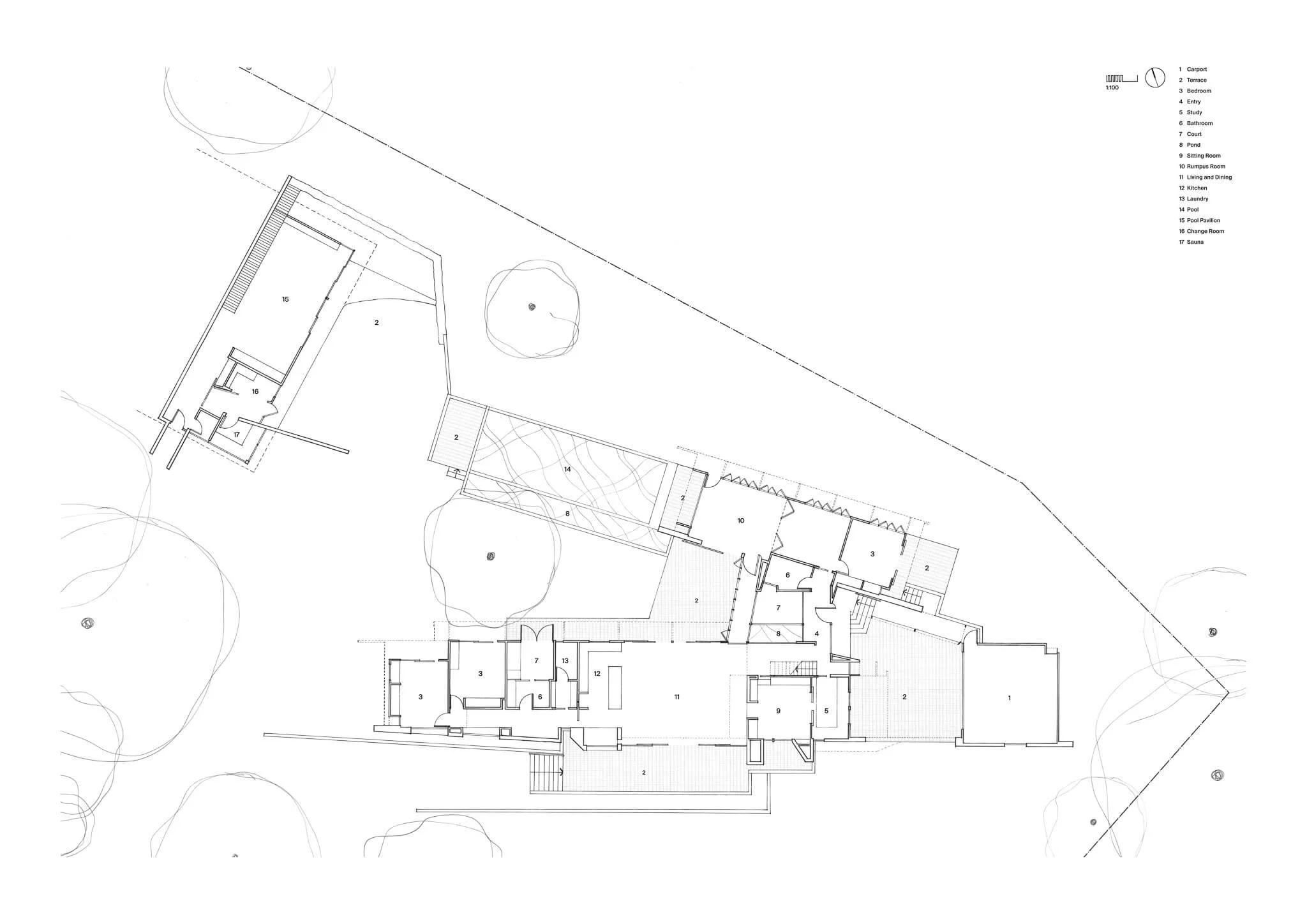 An architectural site plan illustrates a residential complex, including a main house with various living spaces, a separate pool pavilion with a sauna, an outdoor pool, and landscaped surroundings, all identified by a numbered legend.