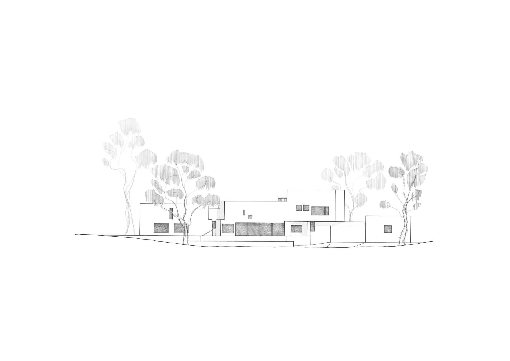 Minimalist architectural line drawing of a modern, multi-volume house with prominent windows, set amidst trees on a ground line.