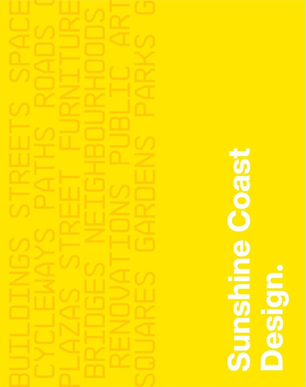 Yellow background with orange text listing various locations and the phrase "Sunshine Coast" in white text.
