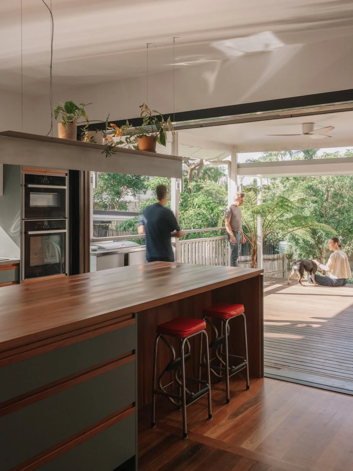 A modern kitchen with a large wooden island and hanging plants seamlessly extends to a sunlit deck where people relax and a dog sits, surrounded by a lush green backyard.