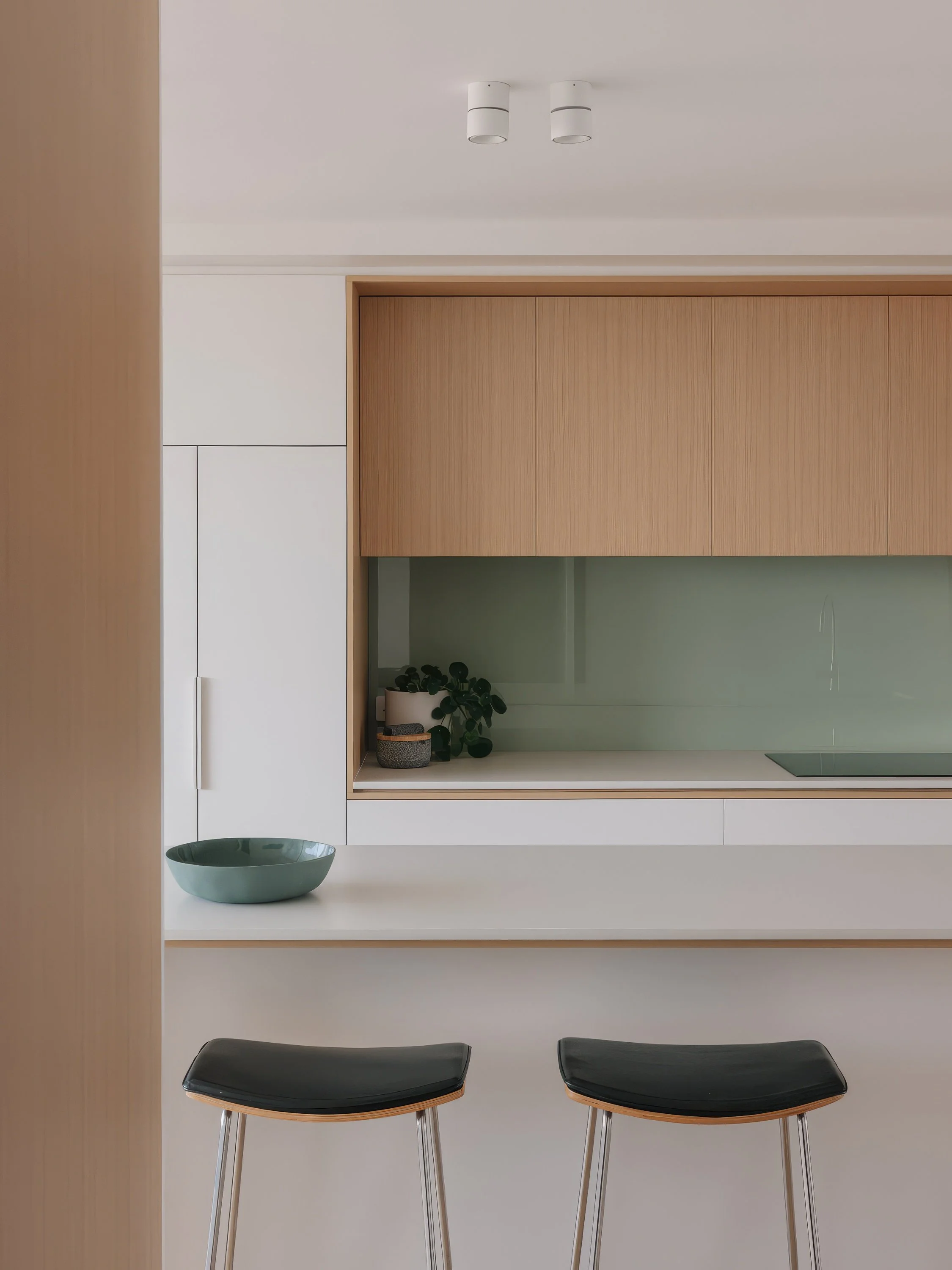 A bright, modern kitchen features minimalist white and light wood cabinetry, a pale green backsplash, a long white counter, and two bar stools in the foreground.