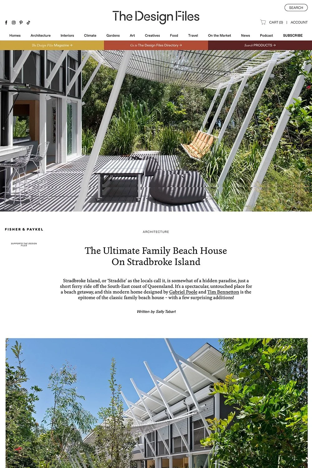 Modern beach house with outdoor patio featuring white slatted roof, lounge chairs, and lush greenery surrounding the area.