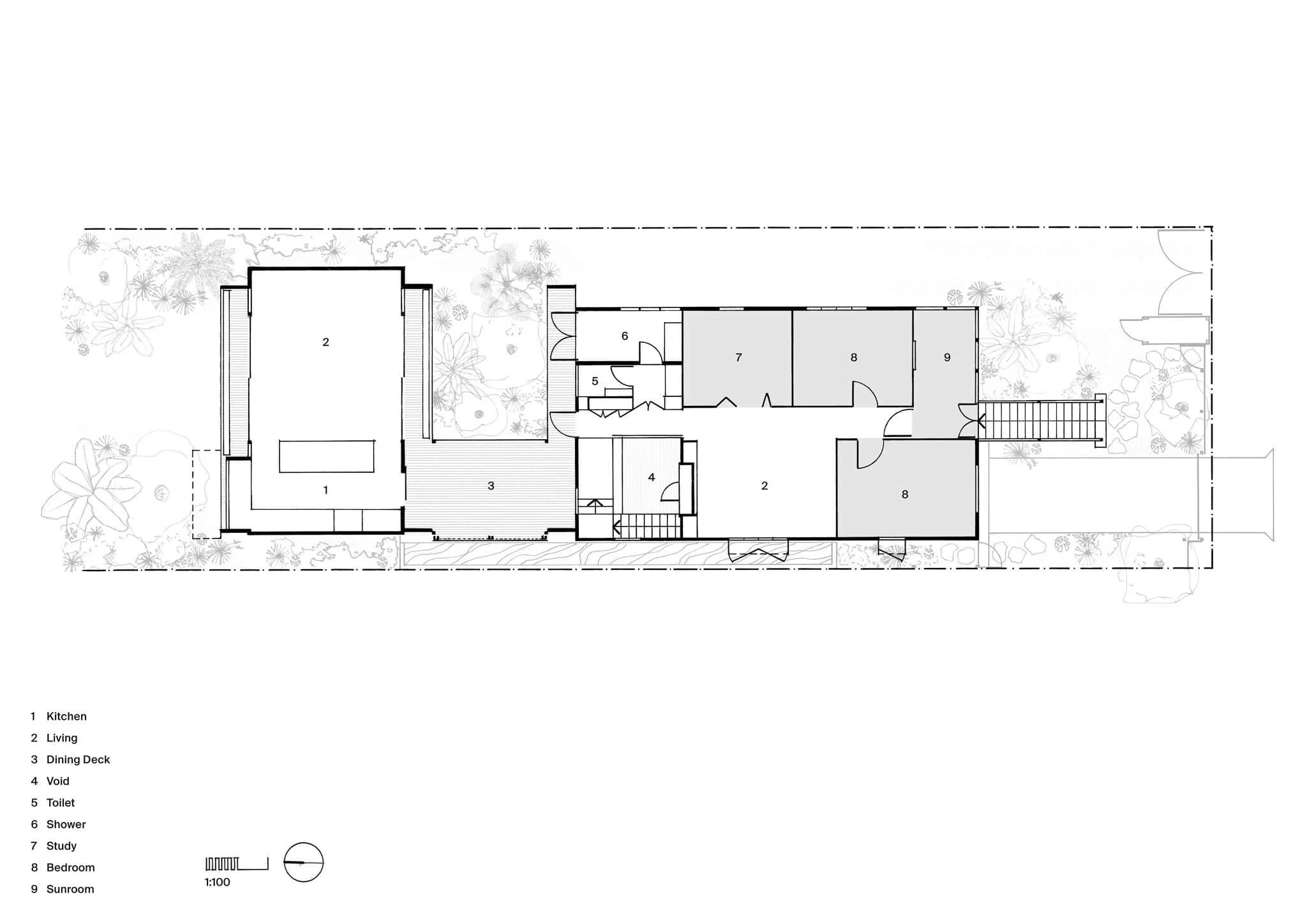 Architectural floor plan of a long residence, detailing a kitchen, living area, dining deck, study, bedrooms, sunroom, and a void, surrounded by a landscaped garden.