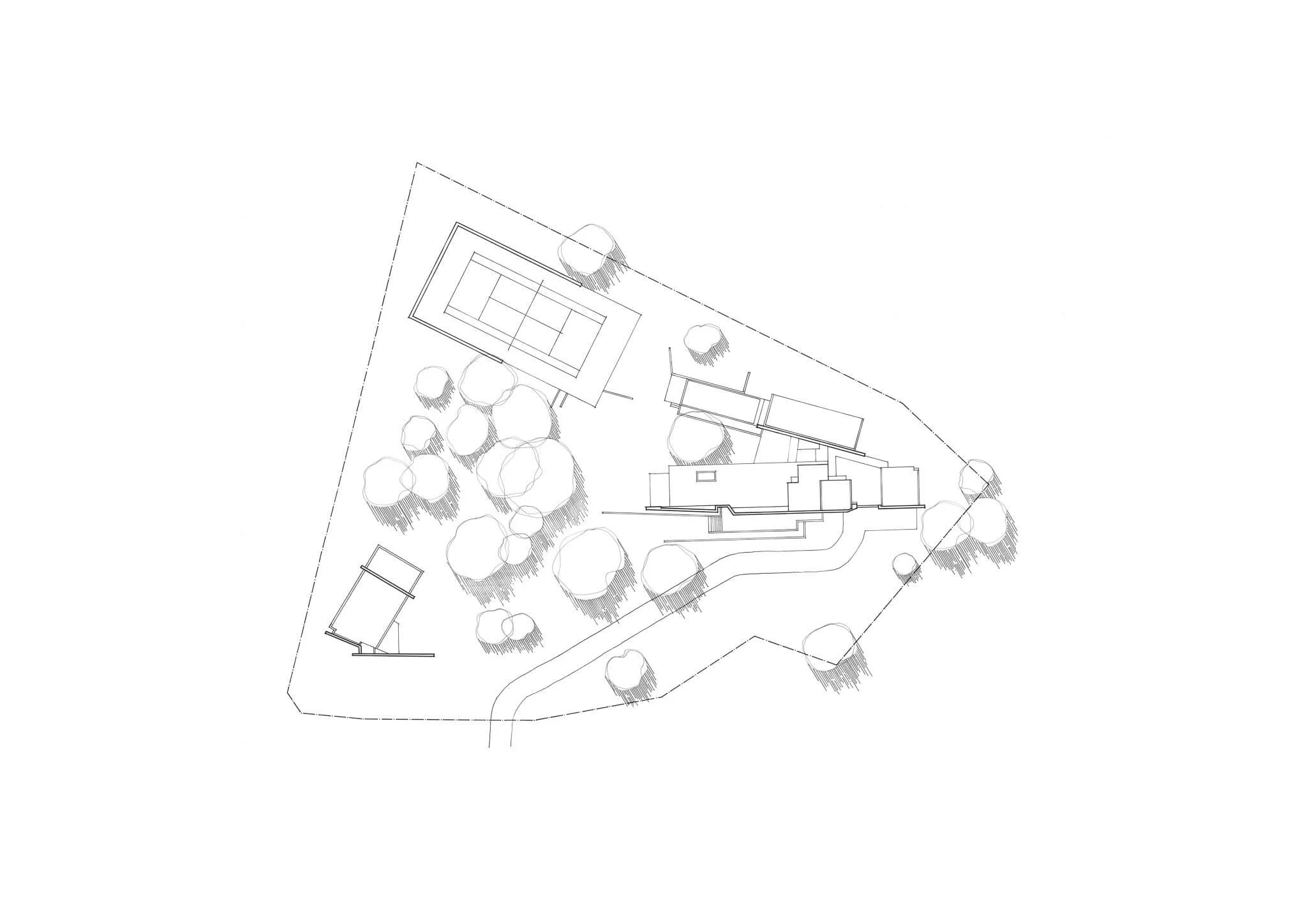 A black and white architectural site plan depicts a multi-level modern house, a tennis court, numerous trees, and a curving driveway within an irregular property boundary.