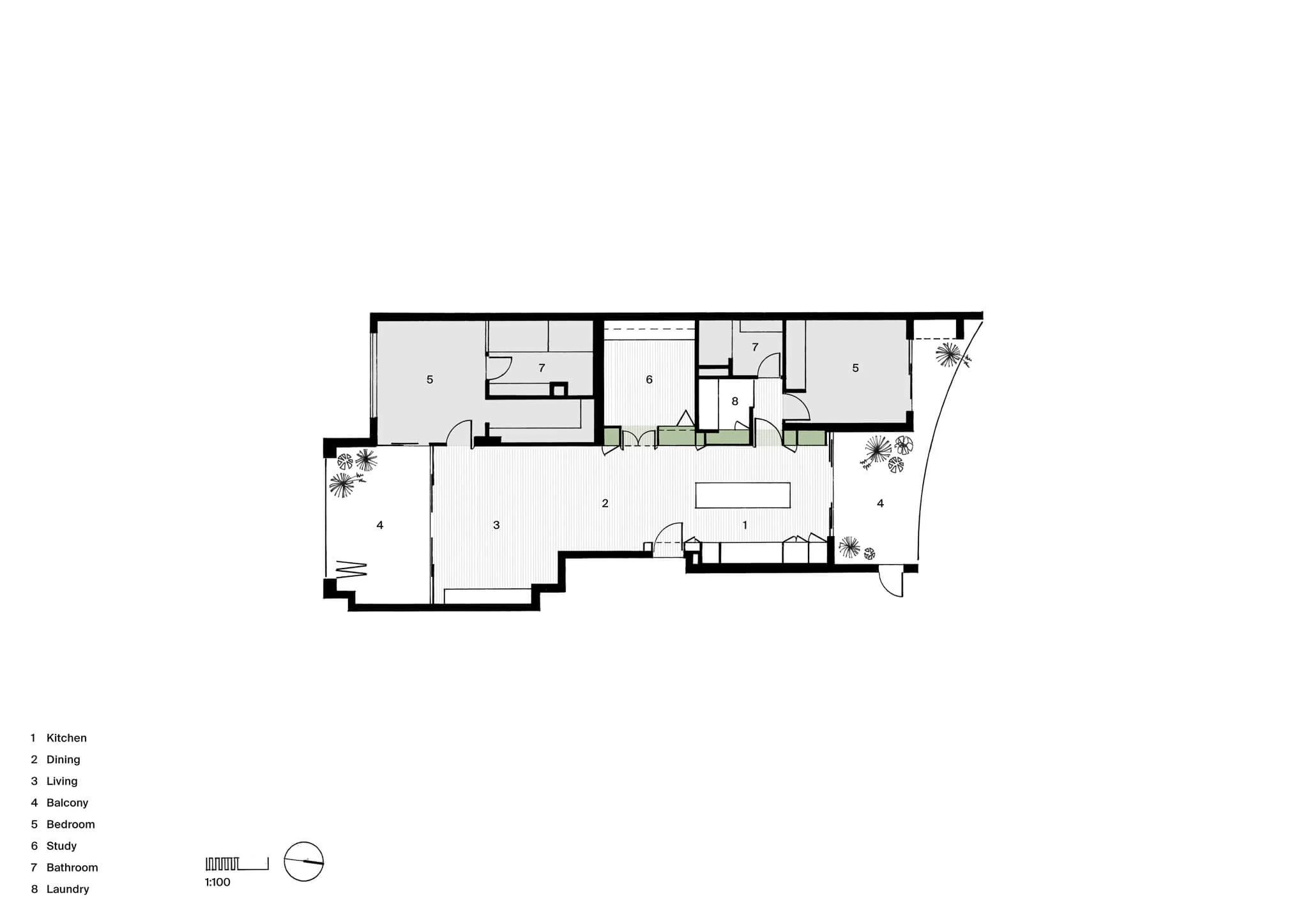 Architectural floor plan of a residence featuring a kitchen, dining, living room, multiple bedrooms, bathrooms, a study, laundry, and balconies, complete with a legend and scale.