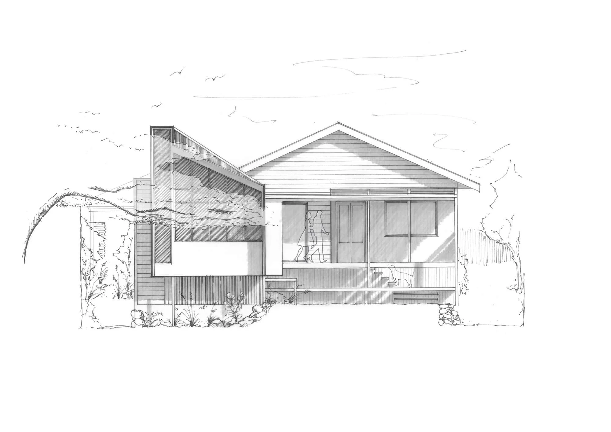 A hand-drawn architectural elevation depicts a modern house with a gabled roof and an angled glass facade, nestled in a landscaped setting with faint figures visible indoors.