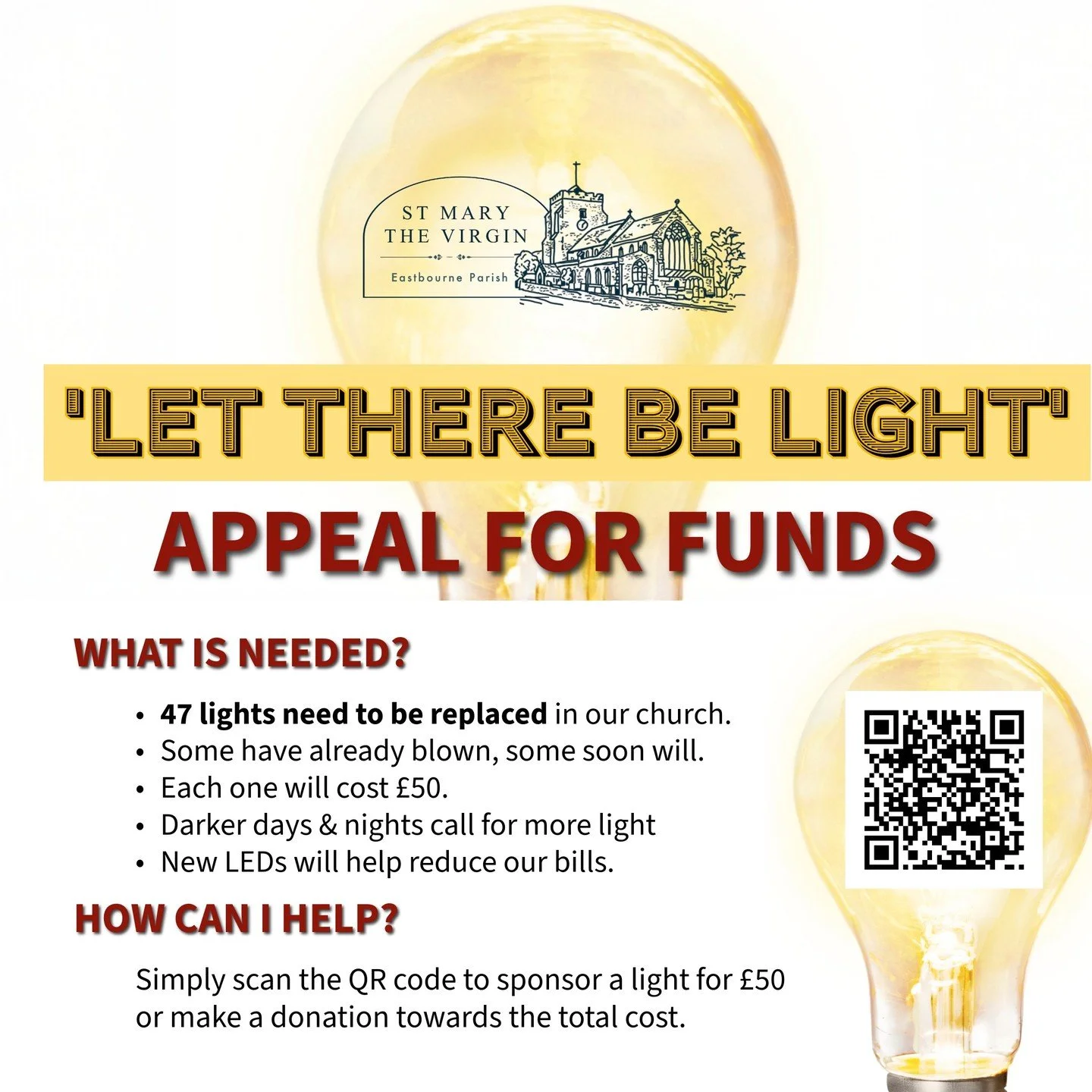 'Let there be Light' Campaign
We are asking for your help to keep St Mary's bright! 47 lights in the church now need to be replaced with LEDs at a cost of &pound;50 each. Could you possibly help us by sponsoring a light or making a donation towards t