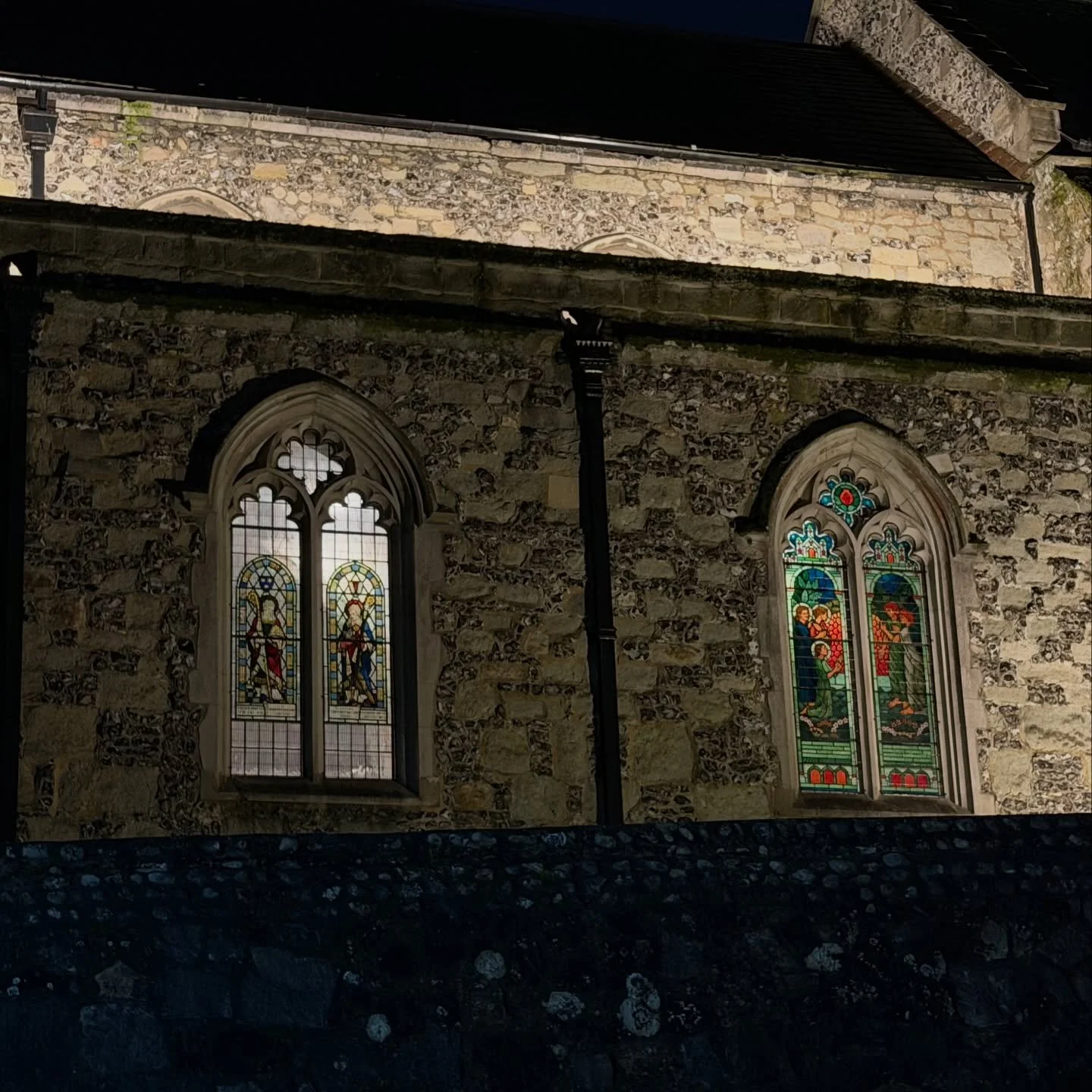 Saturday evening, light illuminates the windows on account of our Director of Music rehearsing for Sunday&rsquo;s worship.