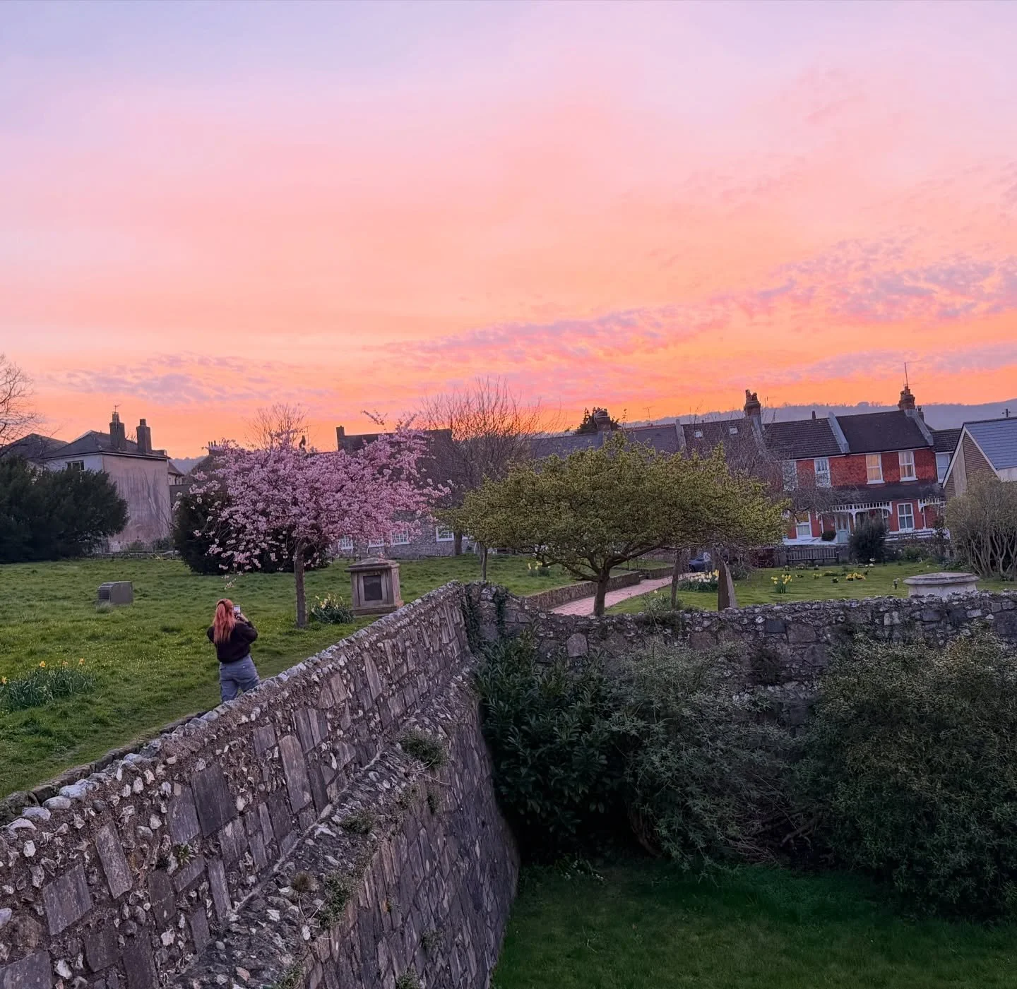 A beautiful evening over the churchyard as the Vicar made her way to join the 10th Eastbourne Brownies for their wonderful &lsquo;Daffodil Tea&rsquo; in the Old Parsonage.