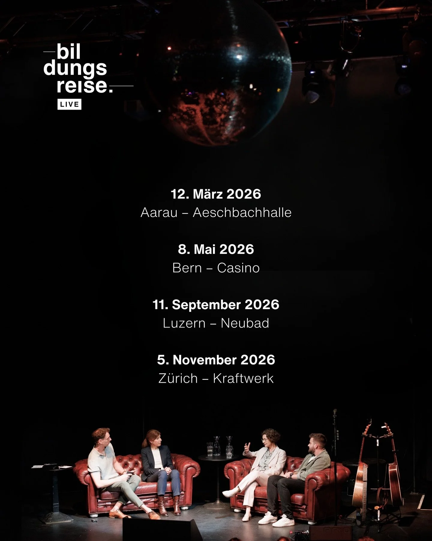 ━ SAVE THE DATE

Jetzt ist es definitiv: Im neuen Jahr startet die Live-Podcast-Tour &ndash; vier St&auml;dte, vier Themen, vier Diskussionen. 🤩

Ich w&uuml;rde mich sehr freuen, wenn du dabei bist! Trag dir die Daten schon jetzt ein &ndash; alle we
