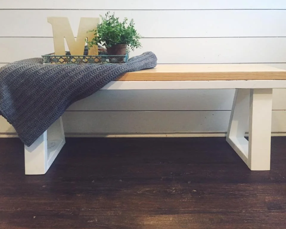 Bench with angled legs, painted and clear finish