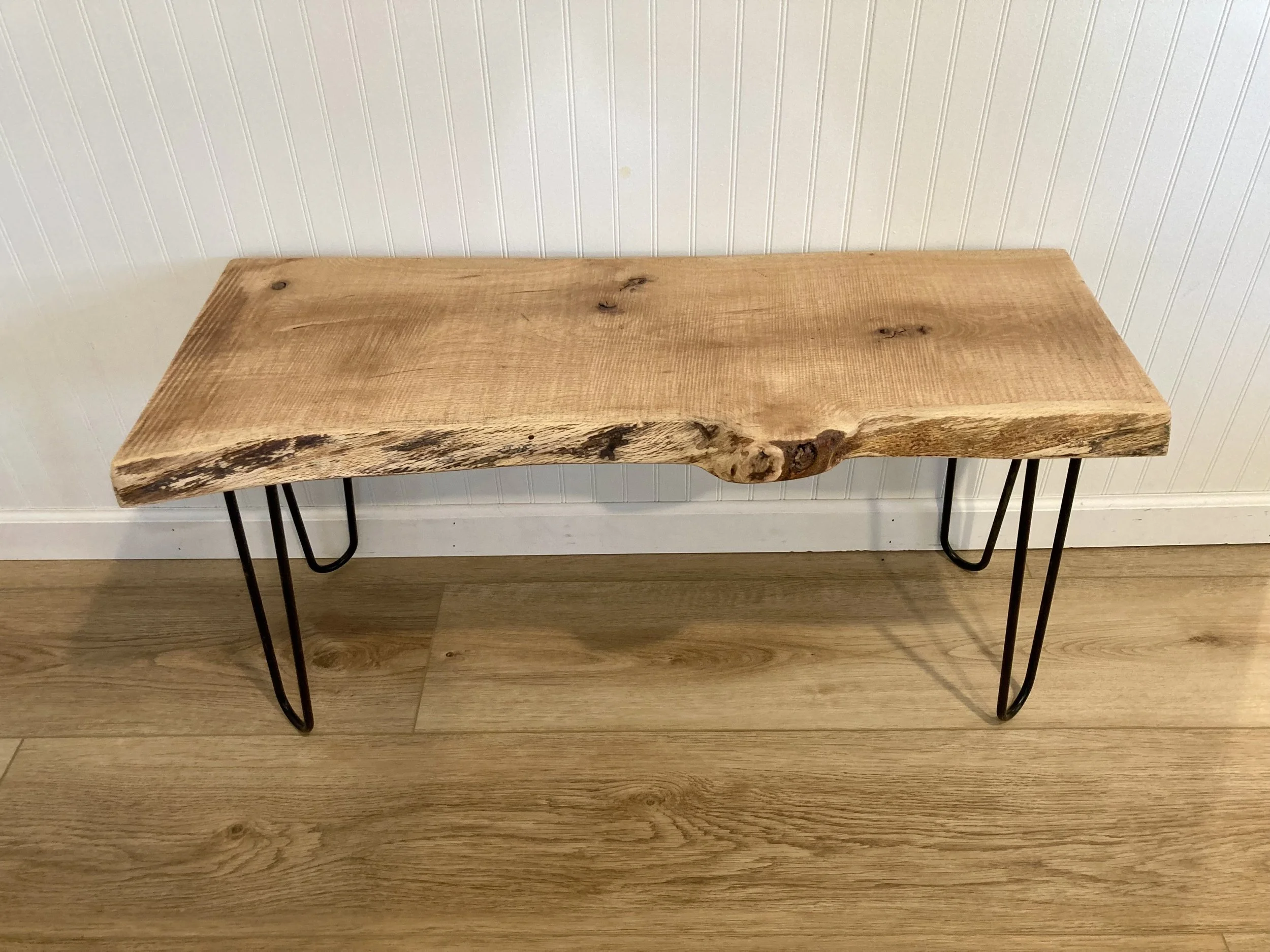 Oak live edge bench with hairpin legs
